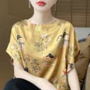 新中式国风缎面真丝短袖女圆领印花拼色蝙蝠袖上衣宽松半袖打底衫 1