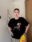 FISH YU美式复古豹纹头巾腊肠犬白墨印花圆领宽松短袖T恤26088 2