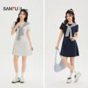 三福女连衣裙2026夏季新款气质条纹披肩高级收腰连身裙女装524291 5