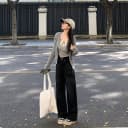 艾恩晟 黑灰色阔腿高腰黑灰色阔腿牛仔裤女宽松显瘦美式复古 2