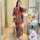 女士睡衣春夏季七分袖人棉女款大码宽松休闲甜美棉绸家居服两件套 2