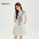 三福女连衣裙2026夏季新款气质条纹披肩高级收腰连身裙女装524291 2