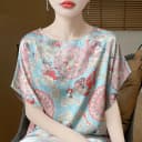 新中式国风缎面真丝短袖女圆领印花拼色蝙蝠袖上衣宽松半袖打底衫 3