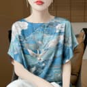 新中式国风缎面真丝短袖女圆领印花拼色蝙蝠袖上衣宽松半袖打底衫 4