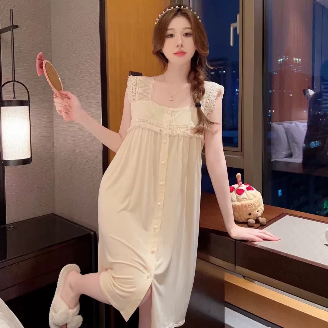 睡衣女夏季2026新款休闲柔软显瘦莫代尔睡裙吊带蕾丝高级家居外穿