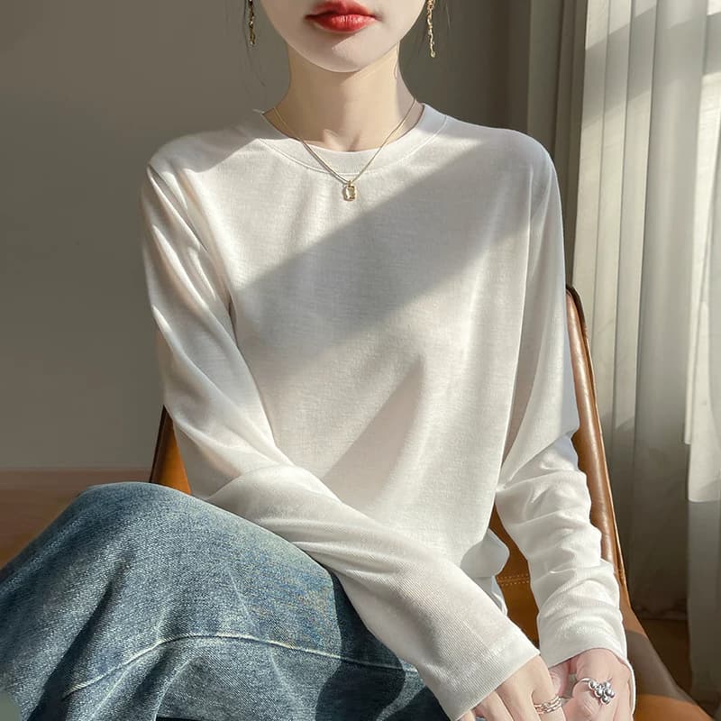 莱赛尔天丝短袖T恤女26春夏薄款圆领针织毛衣宽松长袖打底衫上衣