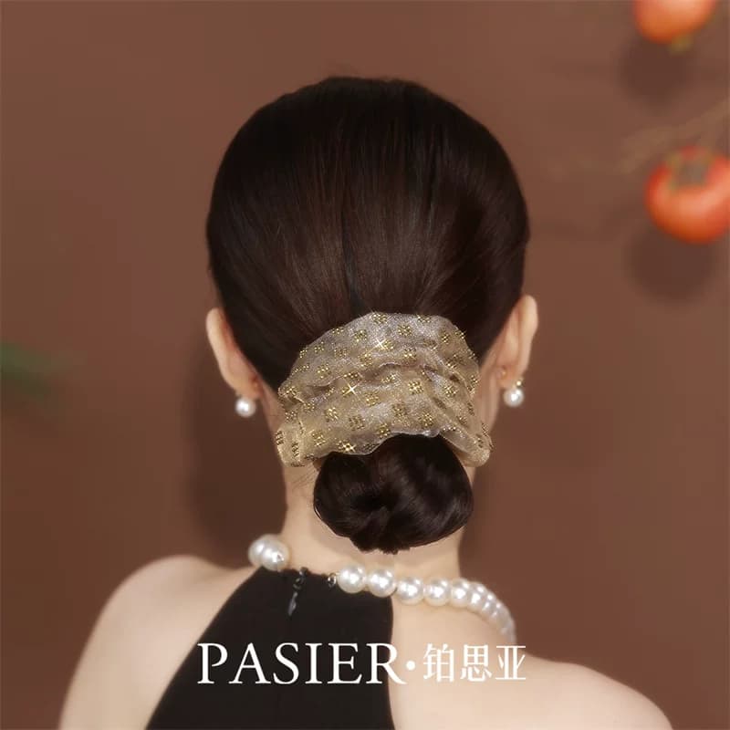 铂思亚经典格子大肠发圈女时尚精致双层欧根纱发绳香槟色头花发饰