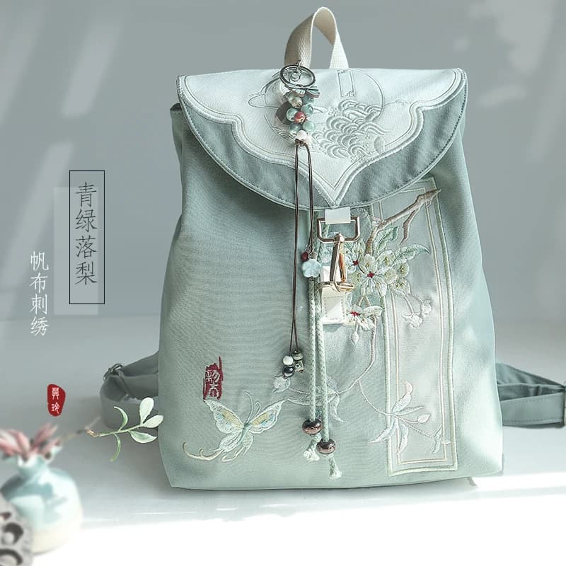 15寸书包原创复古中式古风汉服文艺刺绣拉链抽绳帆布电脑双肩背包